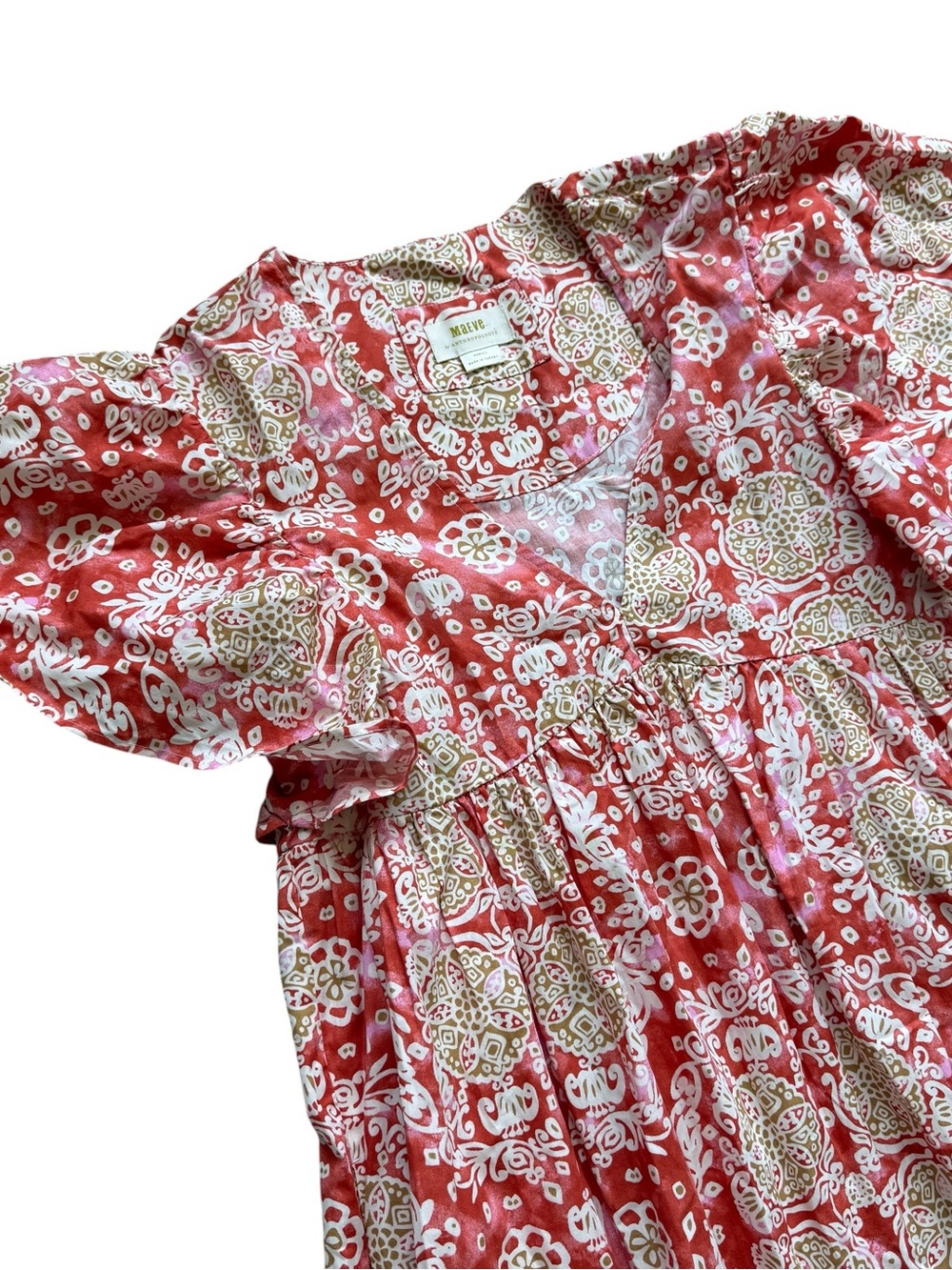 Anthro Maeve Cotton Midi Dress Boho Block Print Flutter Sleeve Cottagecore XS - Picture 5 of 15